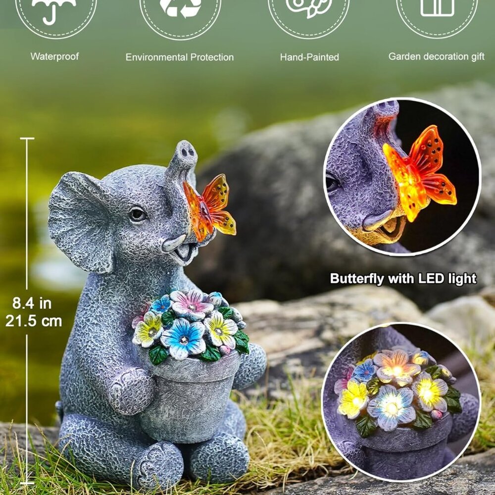 Solar Elephant Statue For Garden Decor: Outside Sculpture For Porch Patio House View 2